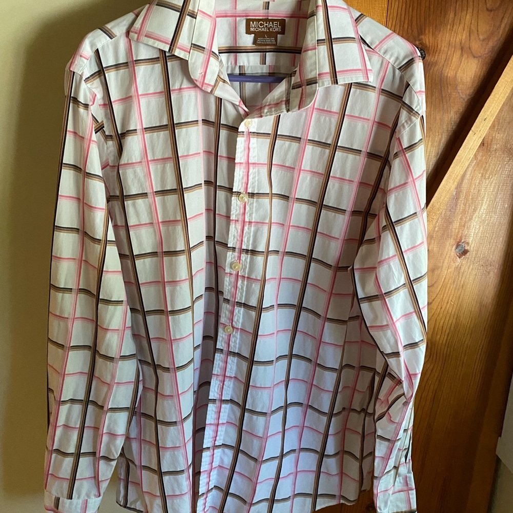 Michael Kors pink/brown plaid button dress shirt